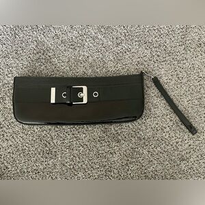VIA SPIGA Black Patent Leather Silver Buckle Clutch Edgy